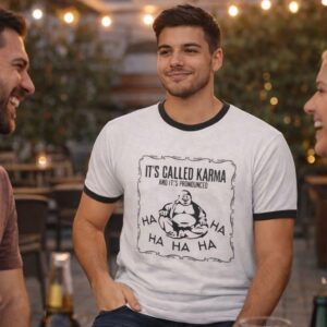 “It’s Called Karma” Funny Buddha Tee – Sarcastic Graphic Shirt with Dark Humor.