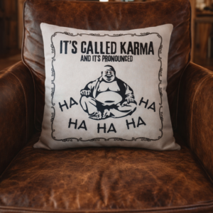 Karma Buddha Laugh Pillow — Funny Decorative Throw Pillow with "It's Called Karma and It's Pronounced Ha Ha Ha" Design